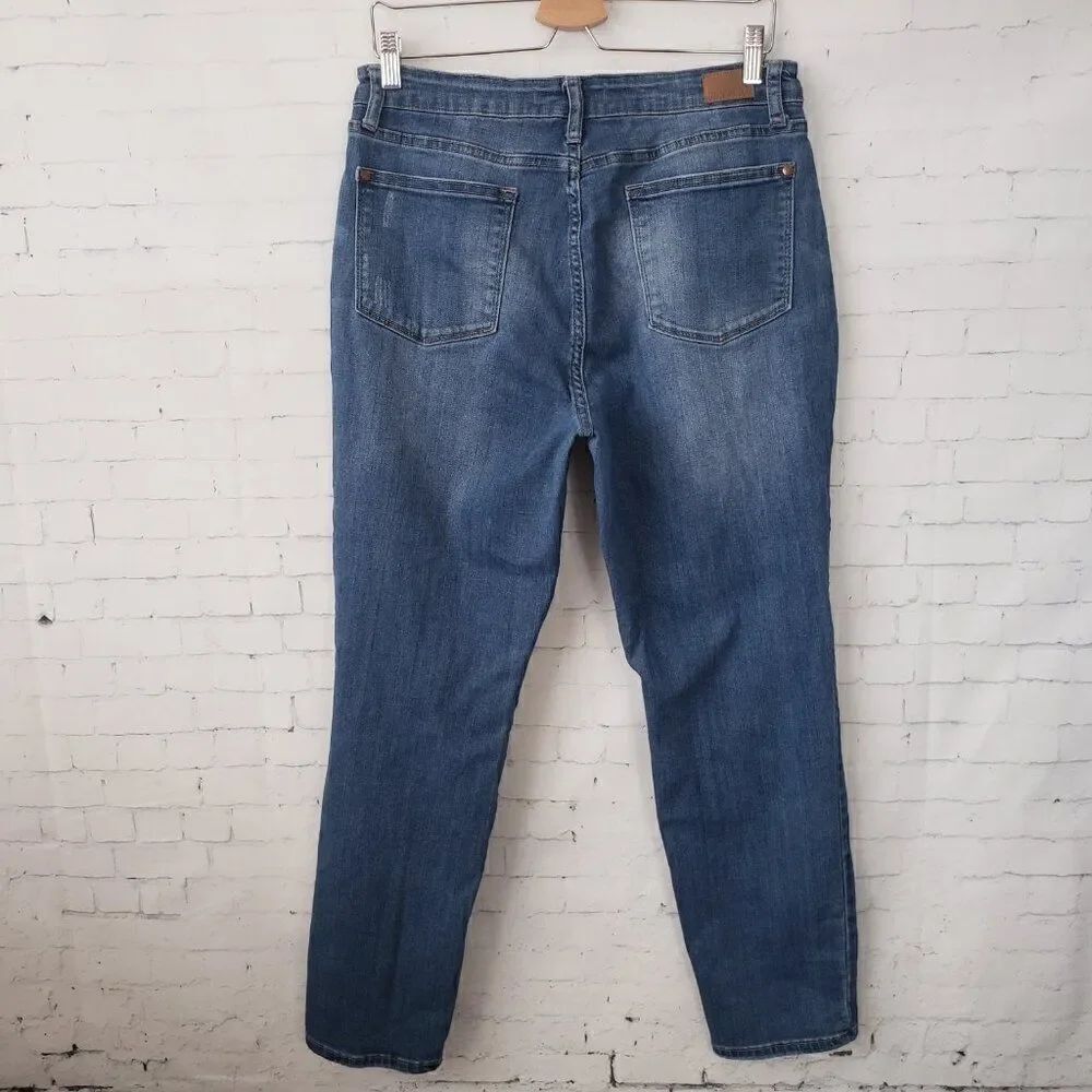 Judy Blue Patch Knee Boyfriend Jeans Size 13 / 31 Dark Wash Distressed Stretch - Picture 5 of 10